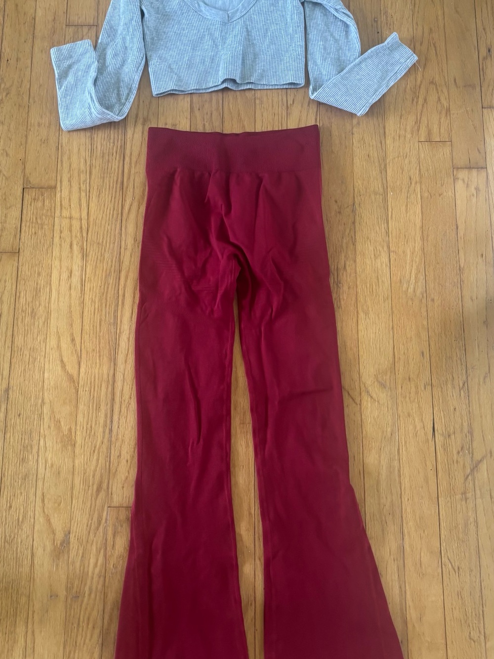 Stretch Flared Pants, Burgundy, and grey Garage Cropped Top